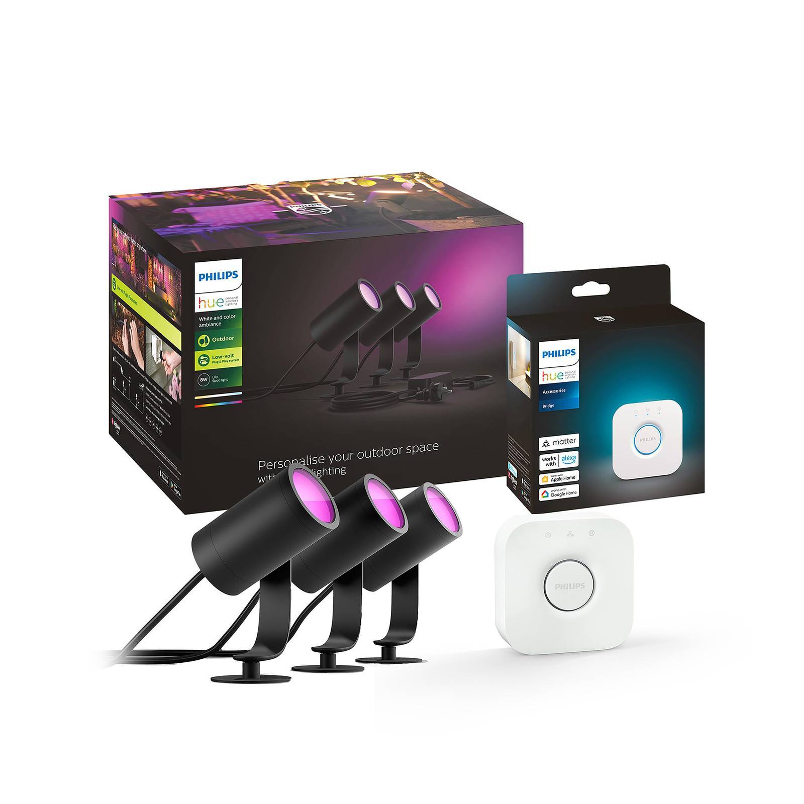 Philips Hue LED-spot Lily, set om 3, bro, RGB, CCT, IP65 dimbar, Svart, Aluminium / grå / zink, Modern