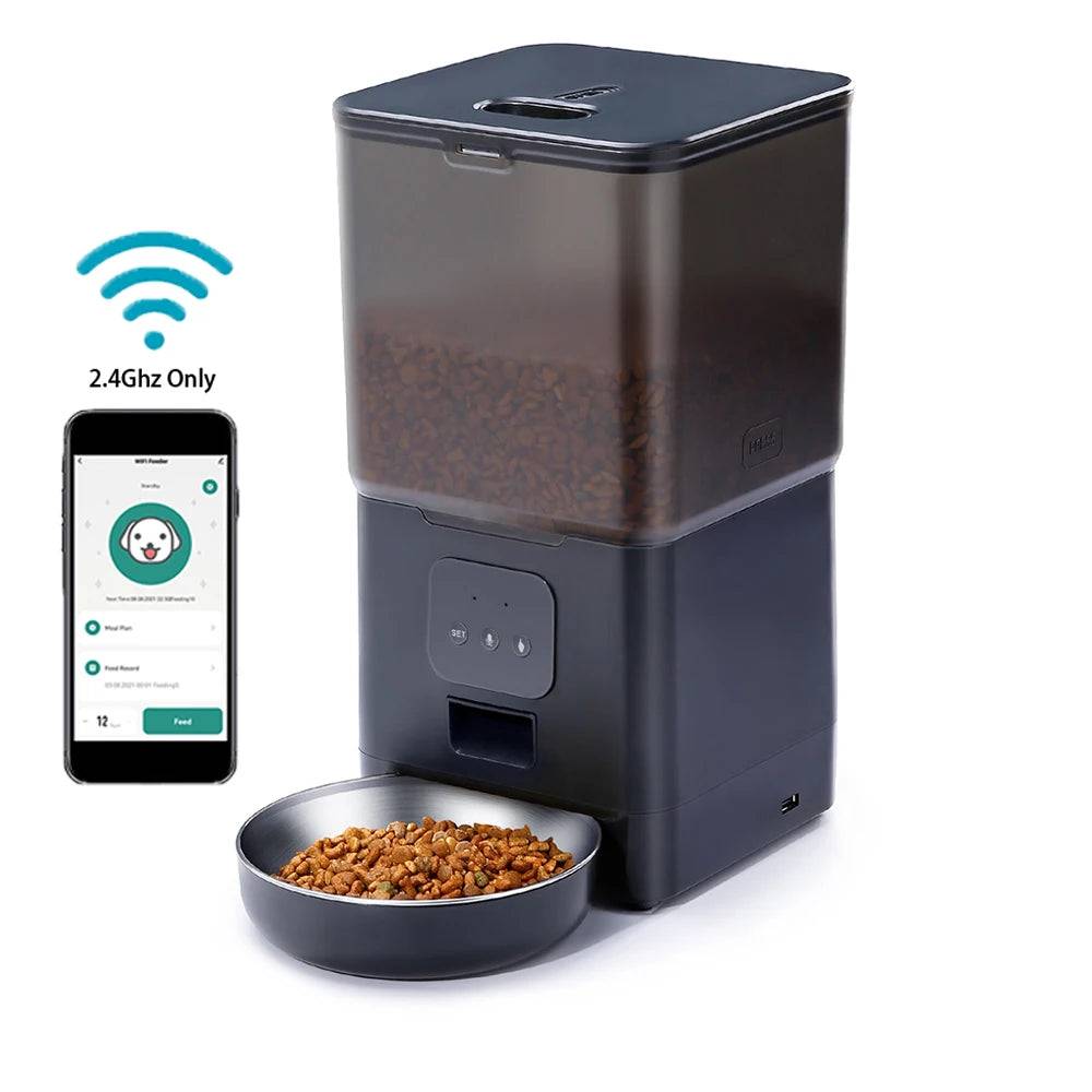 Smart WiFi Pet Feeder with Voice Control - 6L Large Capacity Automatic Dispenser - Black WIFI / 6L