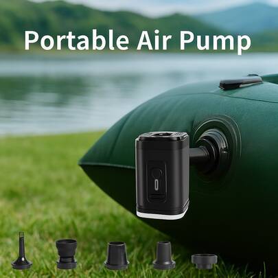 Bärbar uppladdningsbar luftpump, 3-i-1 uppblåsnings- och tömningspump, LED-ljus, 5 munstycken, USB-laddning, ABS-material, campingnödvändighet - många (svart,grå)