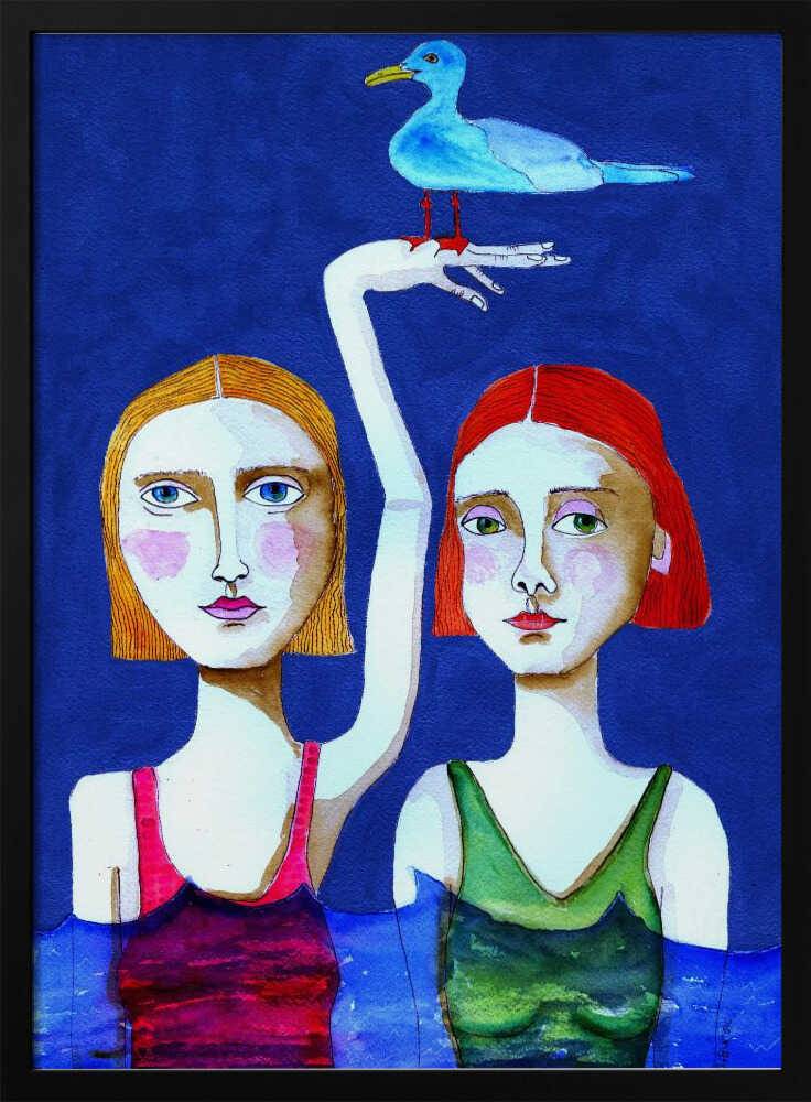 Swimming Ladies with Blue Bird Poster - 50x70 cm / 20x28″
