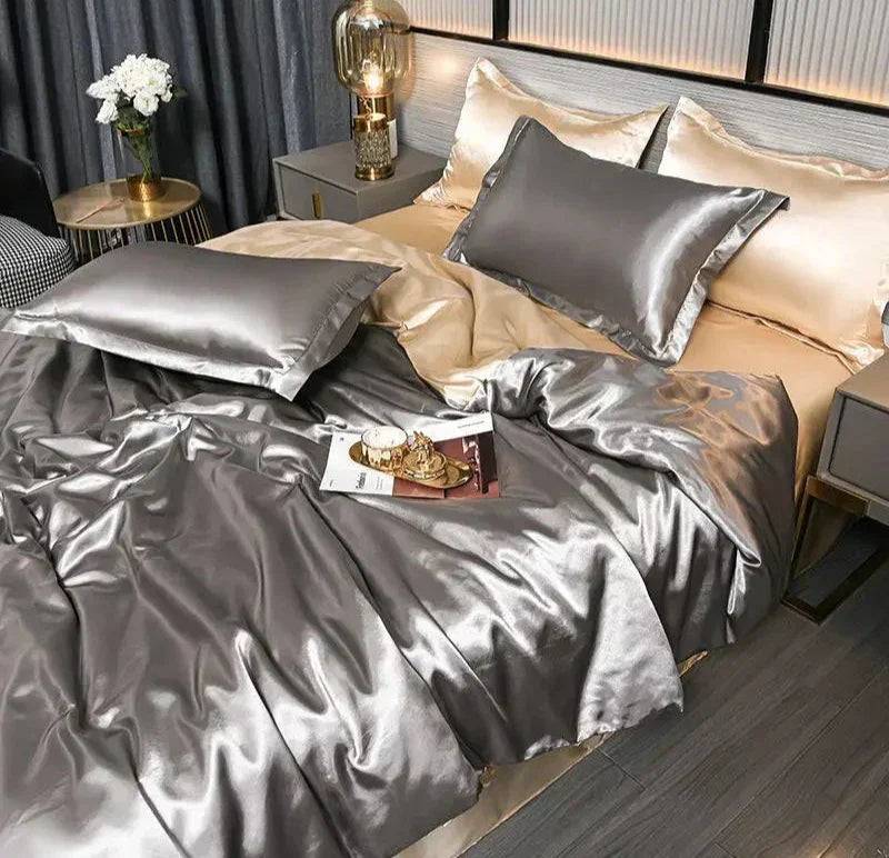 SatinLuxe Sängöverkast - Lyxigt Satäng Sängkläder för Ditt Sovrum - Grå och Guld / 180X220CM
