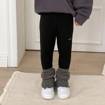 Fodrade leggings med bokstavstryck för unga flickor, höstkläder, strumpbyxor - Svart (6Y,7Y,4Y,5Y)