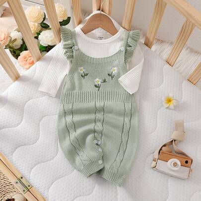 Ljusgrön tröjromper med bönpasta och grön volangkant, exklusiv vit blombroderad jumpsuit, tröj-jumpsuit för spädbarn och småbarn, moderiktig söt outfi (6-9M,9-12M,12-18M,0-1M,1-3M,3-6M)