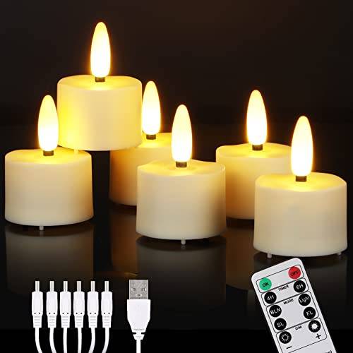 ZIYOUDOLI 6 uppladdningsbara LED-värmeljus med timer fjärrkontroll USB-kabel flimrande flamlösa LED värmeljus varm vit dimbar lämplig för jul bröllop fest