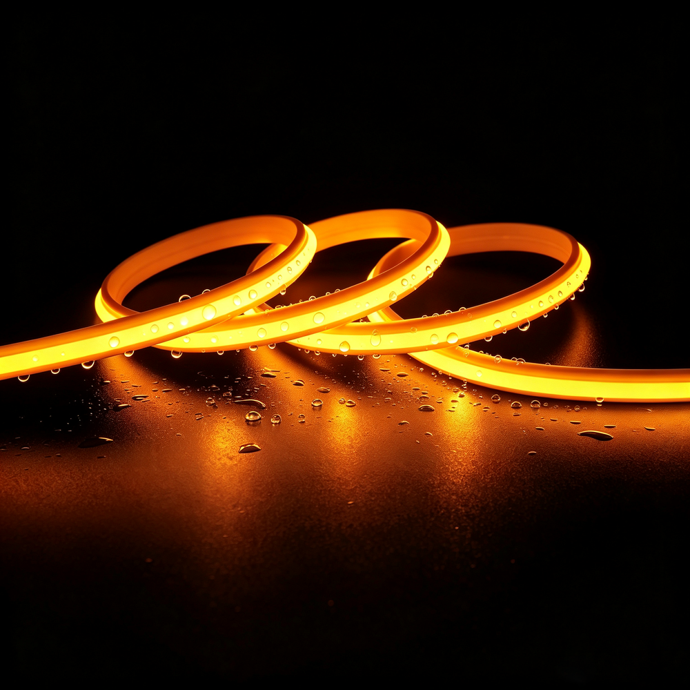 5m 9W/m Gul Slim COB strip - 230V, IP67 vandtæt, 296 LED, kan klippes for hver 10cm - Forpakning : 50m inkl. stik