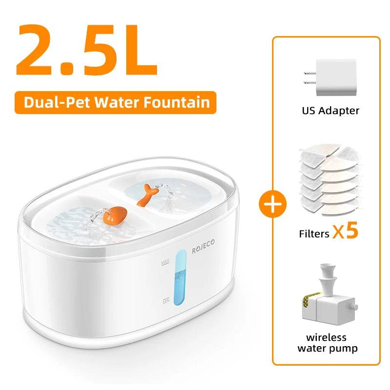 Automatic Wireless Dual-Flow Pet Water Fountain for Cats & Dogs - US Filter Set / 2.5L