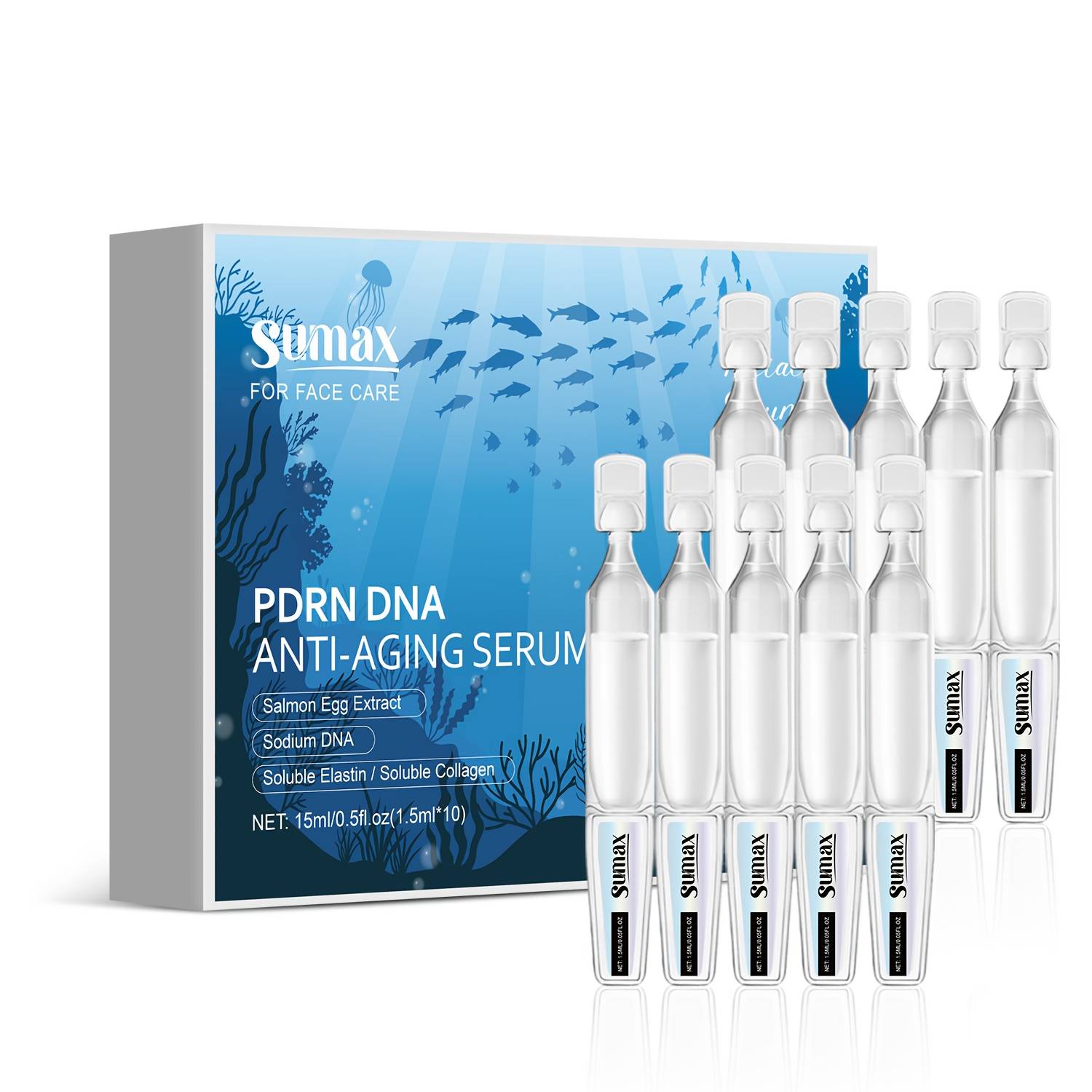 TEMU Sumax Face Serum Ampoule With Salmon Dna Complex, Hyaluronic Acid & Collagen, Hydrating , & Firming Facial Serum, Brightening Skin Texture Korean Skincare Single Use Vials