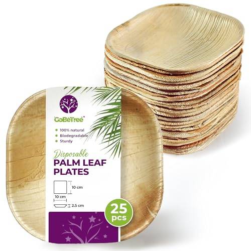 GoBeTree 25 Palmbladstallrikar 10x10 cm Engångstallrikar Cocktail. Eleganta Engångstallrikar för Cocktail och Förrätter, Catering Set Fyrkantig liknande Bambu med Hög Stabilitet