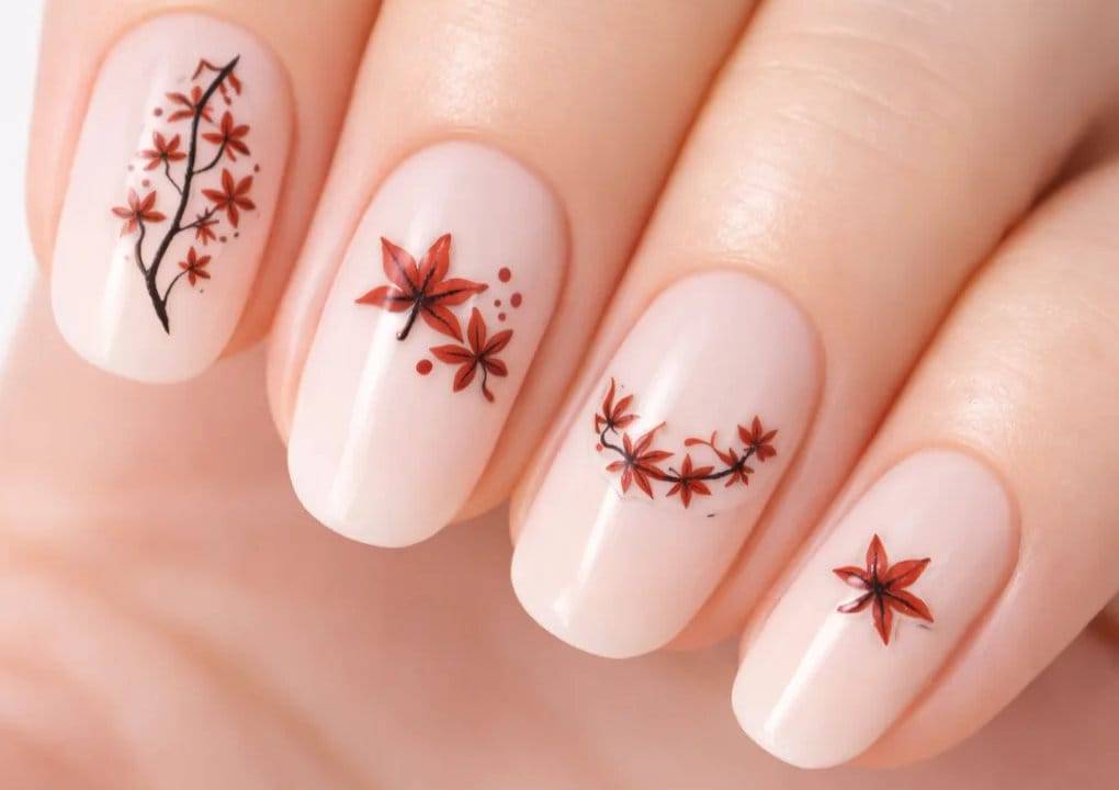 Beställ nail stickers med mörkröda löv och grenar