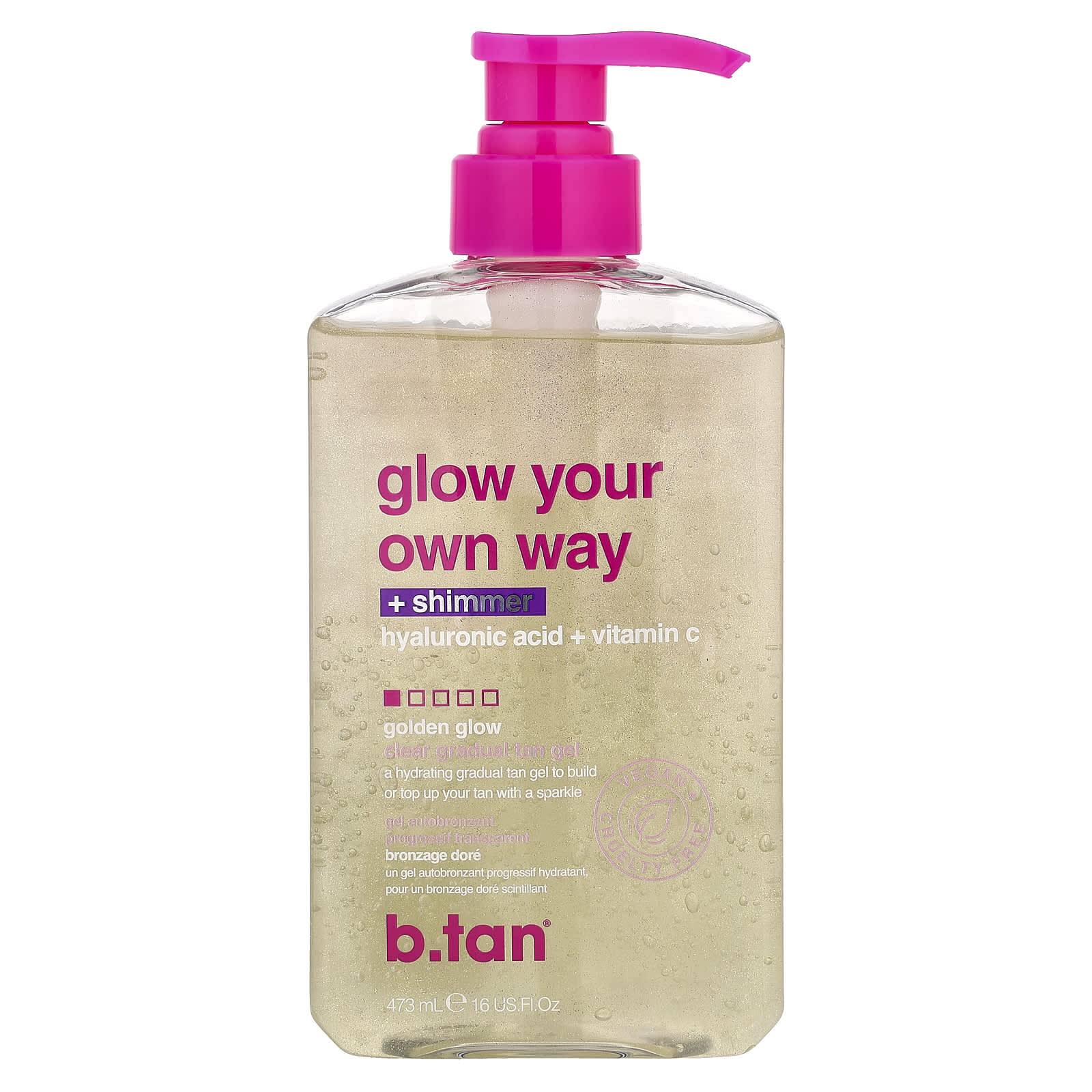 b.tan, Glow Your Own Way + Shimmer, Klar Gradvis Brun-utan-sol-gel, Gyllene Lyster, 473ml (450 ml)