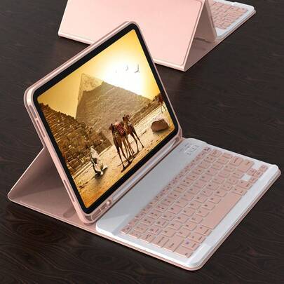 Rosa enfärgat materialfodral med fällbart fodral och tangentbord, avtagbart Apple-tangentbordsfodral med Bluetooth-funktion, kompatibelt med iPad med (Multi-size)