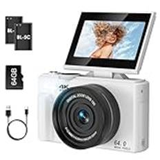 SOPPY 4K digitalkamera med WiFi-överföring, 64 MP vlogging, 18 x zoom och 3 tum flip-skärm, autofokus YouTube-kamera, 64 GB SD-kort ingår, kompakt för barn, tonåringar och nybörjare, vit