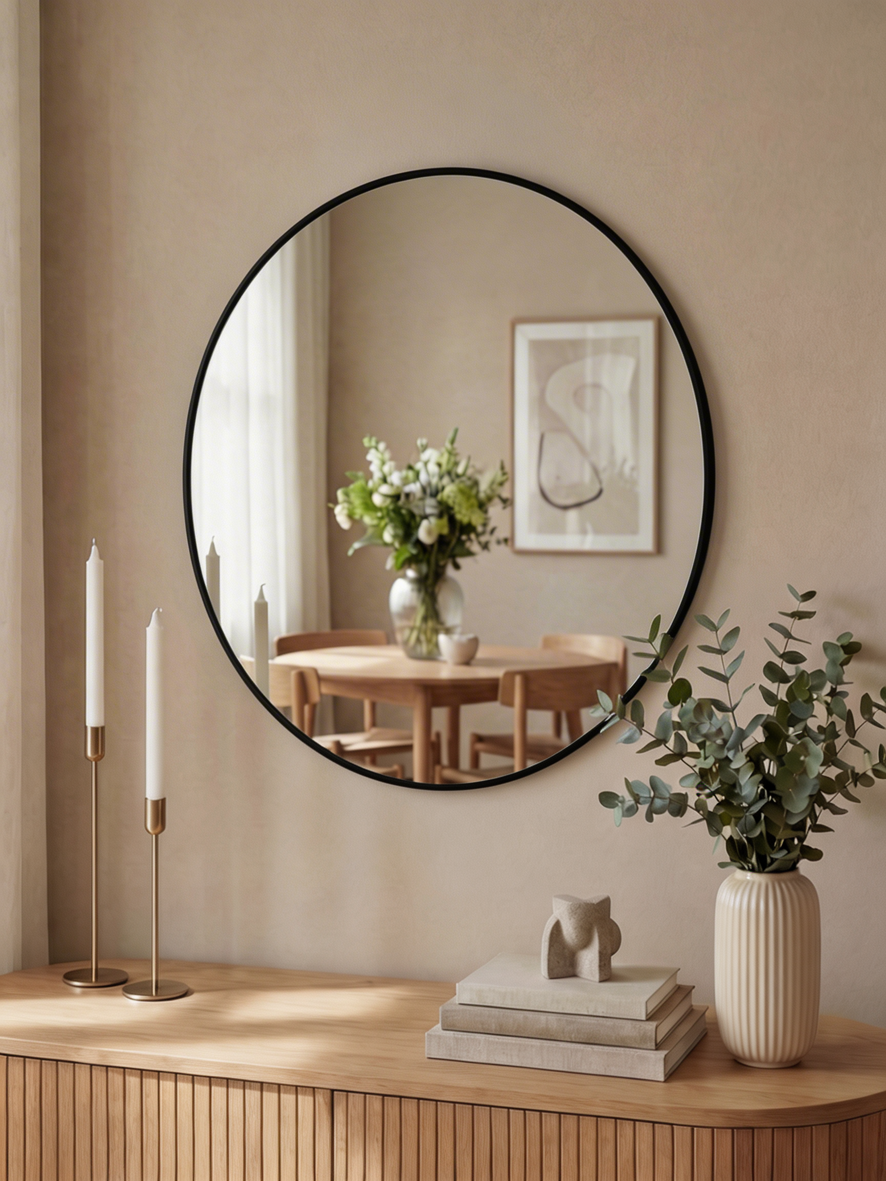 �snen Rund spegel med svart metallram 80 cm