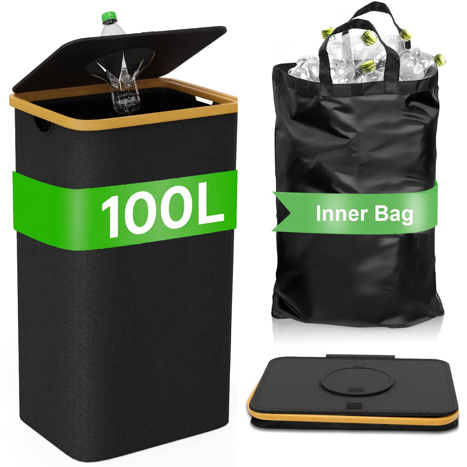 TEMU 900d Oxford Nylon Indoor Recycling Bin, 100l, Foldable & Tear-resistant, Washable, Collects . 35 Bottles, With Top Opening, For Home Use, Recyclable Material, Bottle Collector, Trash Ca