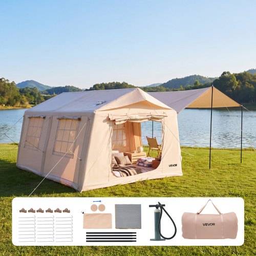 VEVOR Oppusteligt Telt til Camping 5-8 Personer med Pumpe Beige, til Familie Udendørs Glamping, Vandtæt 420D Oxford, Nem Opsætning af Lufthus med Skylight, Baldakin, Komfurstik og Netvinduer