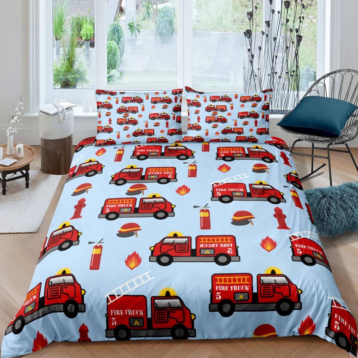 Brandbil Påslakanset Barn Brandmän Bil Fordon Sängkläder Set För Pojkar Brandbil Mönster King Size Täcke Överdrag 140x200cm 3pcs