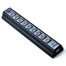 10-Ports USB 2.0 Hi-Speed Hub. Inkl strømforsyning. Sort