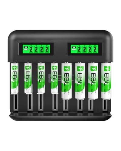 EBL batteriladdare inkl. 4 x AA 2 800 mAh och 4 x AAA 1 100 mAh snabbladdare för AA AAA C D NI-Mh batteri med typ C Input LCD display batteriladdare