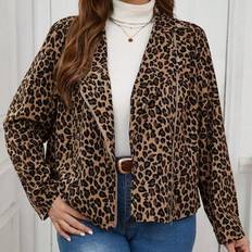 Plus Size Leopard Print Manchester Biker Jacka, Metall Knapp Dekorerad Barn Jacka Julkläder Kvinnor Thanksgiving Outfit Kvinnor Nyår Kvinnor Kläder - Brun - 0XL,1XL,2XL,3XL,4XL