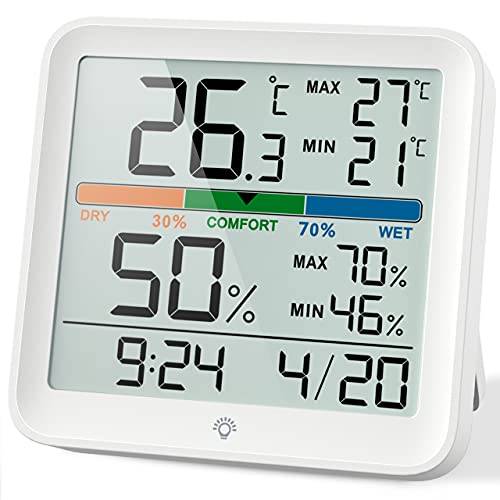 NOKLEAD Hygrometer, inomhustermometer, digital termo-/hygrometer, temperatur- och fuktighetsmätare, rumsklimatindikator med kalibrering och beröringsbart nattljus, komfortvisning, max/min-data