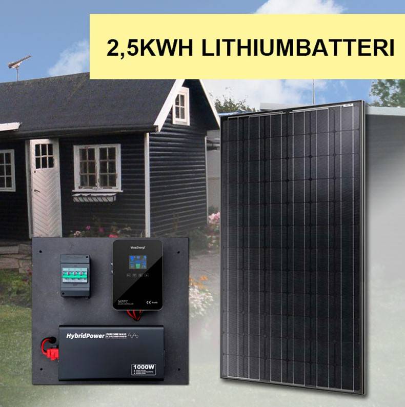 Solcelleanlæg 900W/24V med lithiumbatteri og 2kW inverter MED Vinkelstativ 111cm