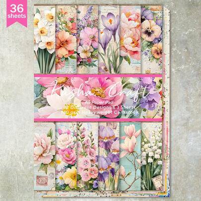 36 ark A5 scrapbookingpapper med akvarellmotiv och blommig bakgrund, lämpligt för bullet journals, collage, kort, album och pyssel
