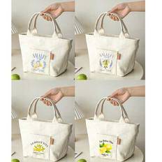 Lemon Print Patterns Print Insulated Lunch Bag With Zipper, Canvas Tote, Portable Travel And Picnic Storage Bag, Multi-Purpose, Easy To Organize, Squa - Beige - Lemon 3,Lemon 2,Lemon 1,Lemon 4