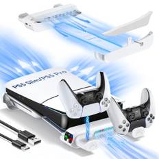 Horizontale PS5 Halterung mit Kühler für PS5 Slim Disc & Digital, PS5 Standfuß horizontal mit PS5 Ladestation, PS5 Horizontaler Ständer für 2023 PS5 Slim Konsole (Nicht für PS5 2020 & PS5 PRO)