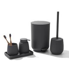 AJEUNGAIN Badset Badezimmer Set Grau, Modern Badausstattung Sets Organizer, Bad Set Mülleimer Klobürste Seifenspender und Zahnputzbecher Tablett (Grau-5 Teiliges)