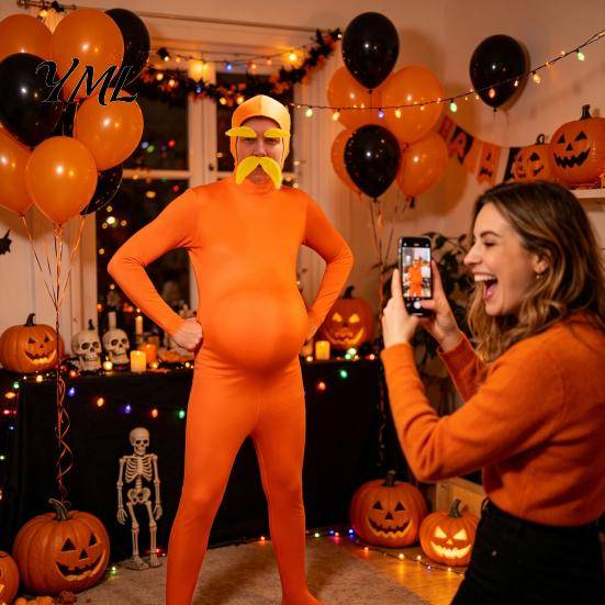 Öppen ansikts Zentai-dräkt Orange helkroppsdräkt för barn och vuxna, med mage, gul mustasch och ögonbryn, Herr- och damdräkt, Halloween Cosplay Unitar