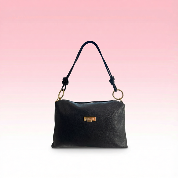 Baldinini Trend - Textured Cowhide Shoulder Bag with Gold Ring Hardware - Black