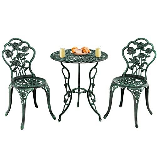 COSTWAY Bistroset 3 delar, bistrobord med 2 stolar och paraplyhål, set med trädgårdsmöbler, balkongmöbler av gjuten aluminium, balkongset, trädgårdsdekor, sittgrupp för trädgård, terrass, balkong
