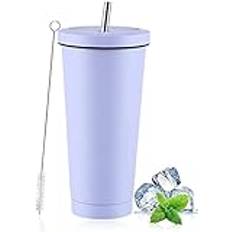 LATERN Iskaffeglas med lock och sugrör, 750 ml isolerad rostfritt stål kopp dubbelvägg vakuum resa kaffemugg återanvändbar vatten kopp håller drycker kalla och varma (ljuslila, 1 st)