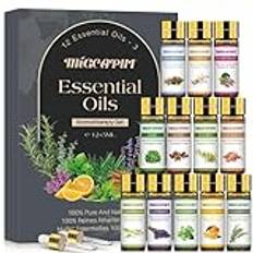 MIGCAPUT Aromaterapi Eteriska Oljor Set 12 x 5ML, 100% Naturlig Aroma Diffuser Olja, Doftoljor Presentuppsättning för Diffusor, SPA, Massage - Tea Tree, Lavendel, Mynta, Sandelträ, Kryddnejlika