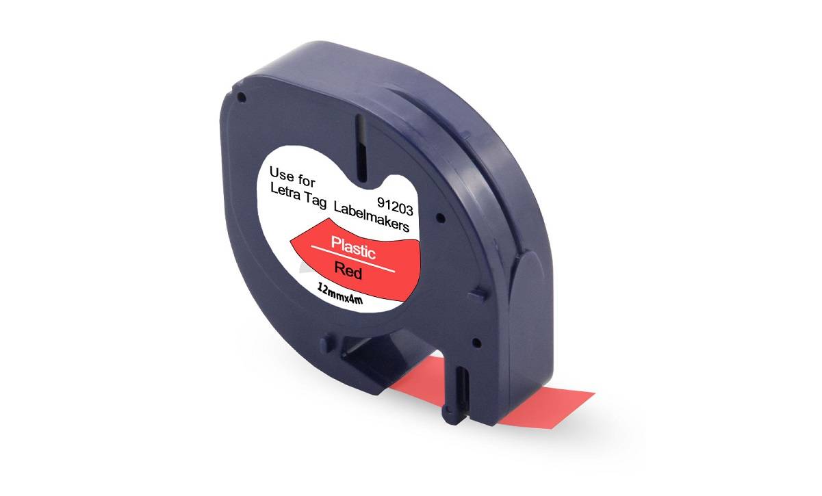 Dymo LetraTAG Tape 91203 sort tekst på Rød plast tape 12mm x 4m kompatibel.
