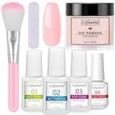 Lofuanna Dip Powder Nail Kit Starter – Rosa dopppulver med baslack och topplack och aktiverator och borstsparare, ingen UV/LED behövs, gör-det-själv fransk nagelkonst manikyr, lätt att applicera för