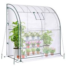 Växthus med 3 hyllor: Ohuhu bärbart väggväxthus med nätfönster, 200,7 x 99,1 x 210,8 cm, förstärkta väggväxthus med 2 rullbara dörrar med dragkedja för utomhusbruk