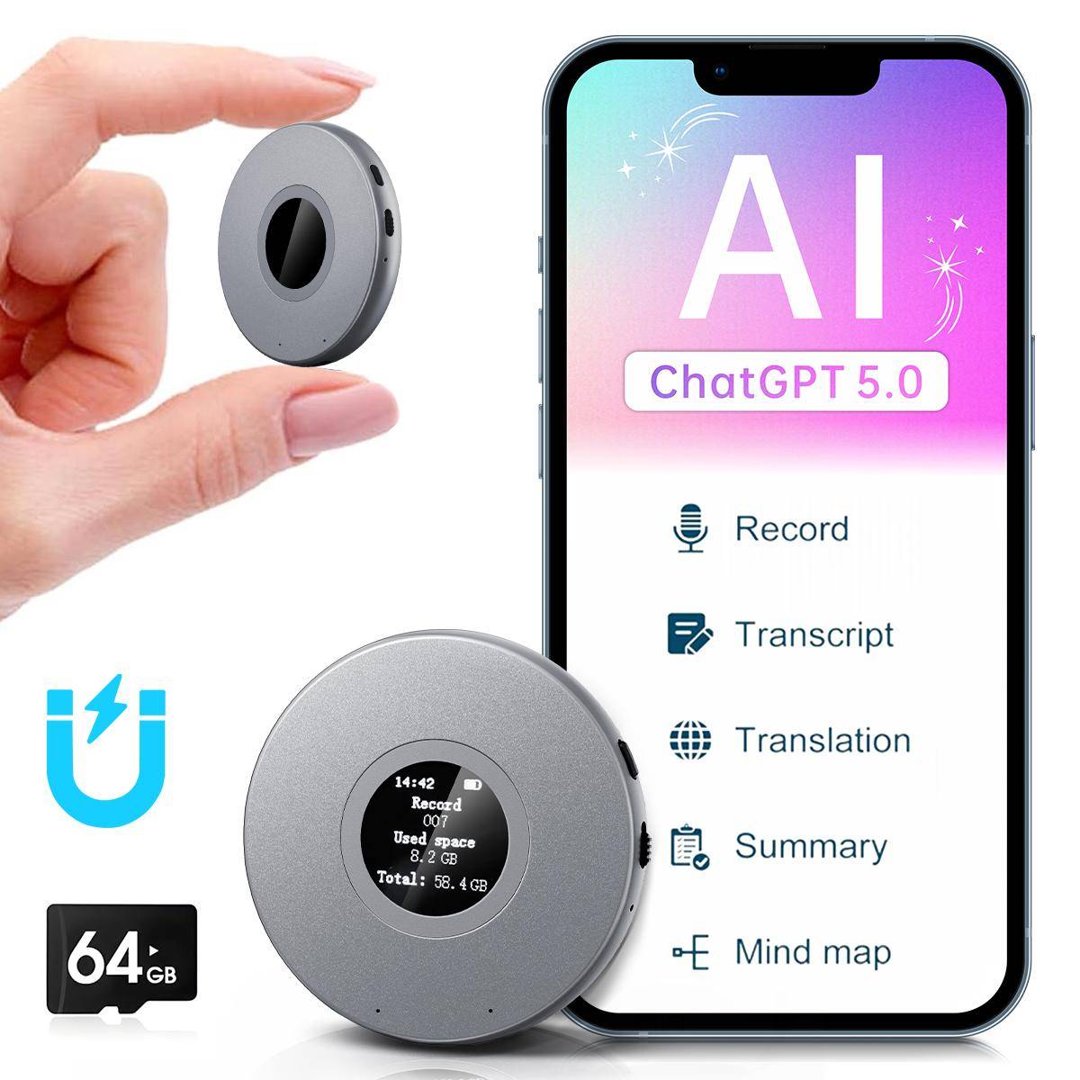 KENTFAITH AI Voice Recorder, Recording Device with App Control, Support 134 Languages AI Transcribe, Summarize & Mind-map , 64GB AI Noise Cancellation for Lectures, Meetings, Calls, Interview, Kentfaith