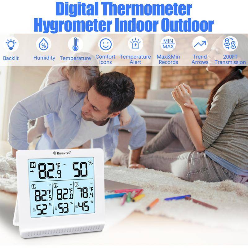 Geevon Trådlös Inomhus/Utomhustermometer Med 3 Fjärrsensorer, Digital Temperaturmätare Fuktighetsmätare Med Bakgrundsbelysning