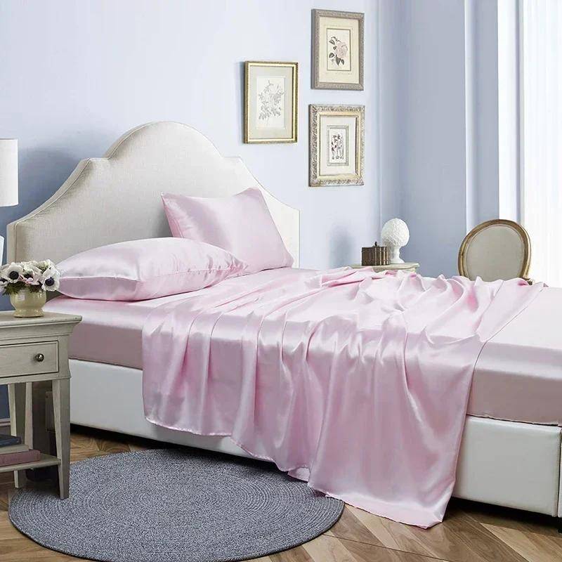 Luxury Satin Fabric Queen Size Bed Sheets Set King High Quality Fitted Sheet Flat Sheet Pillowcase Solid Bed Set Bedsheet Sets US Twin size 3 pcs