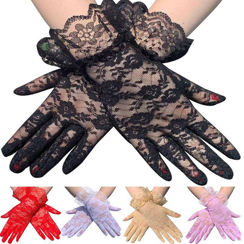 Kvinnor Vintage skira korta spetshandskar damfest Bröllop handledslängd blommiga handskar till middag Fina kostymtillbehör Handskar svart