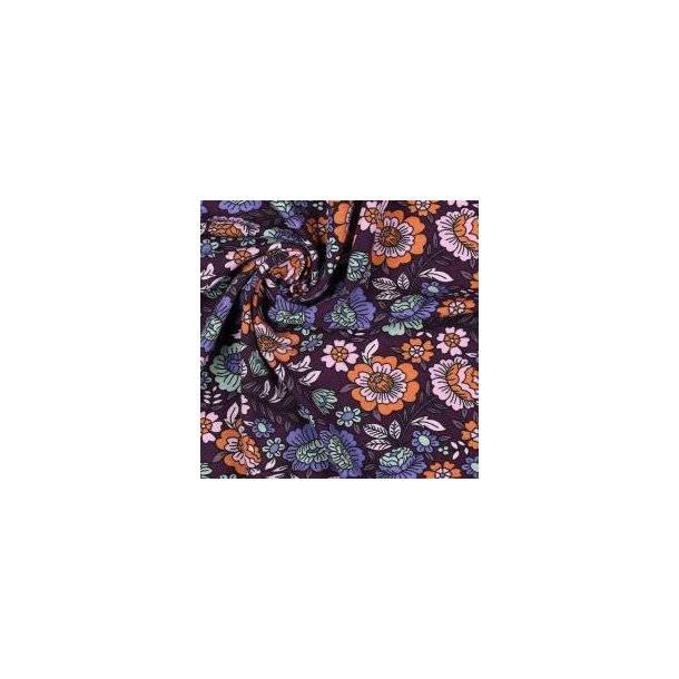 Økotex bomulds jersey Flowers, Dark purple