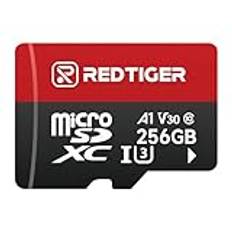 REDTIGER Höghastighets 256 GB Micro SD-kort med adapter, UHS-I klass 10 microSDXC, U3, V30 A1, stöd för inbyggd kamera och 4K-videoinspelning