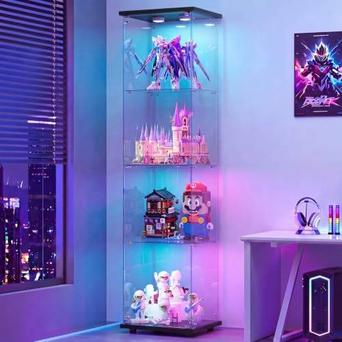 BPKADHY glasvitrinskåp, 4 lager glas trä vitrinskåp, 1 dörr med LED och lås glasvitrinskåp stående för vardagsrum sovrum kontor svart glashylla
