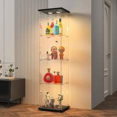 BPKADHY glasvitrinskåp, 4 lager glas trä vitrinskåp, 1 dörr med LED och lås glasvitrinskåp stående för vardagsrum sovrum kontor svart glashylla