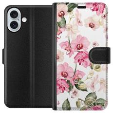 Apple iPhone 16 Plus Sort Tegnebogsetui Rosa blommor