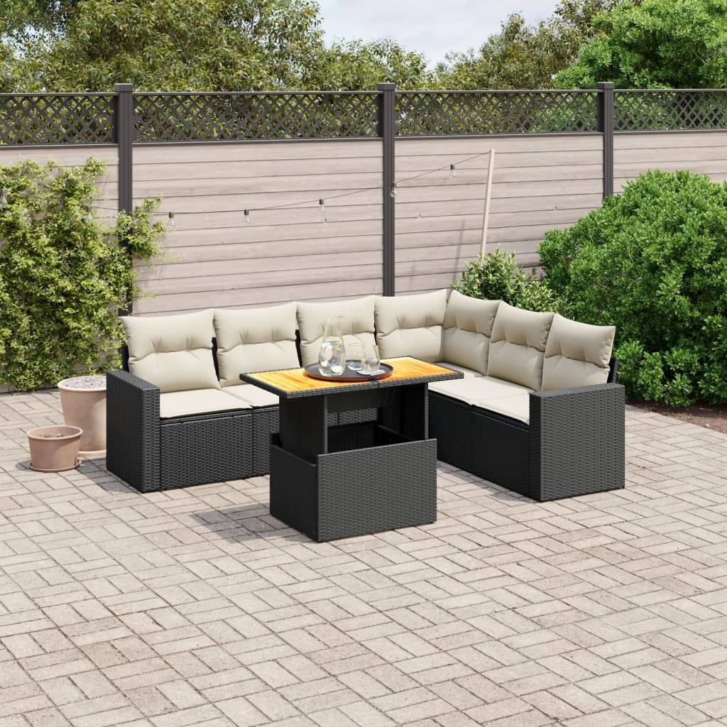 Sofasæt Til Haven 7 Dele Med Hynder Polyrattan - Sort og cremefarvet / 3X midterdel + 3x hjørnedel + bord