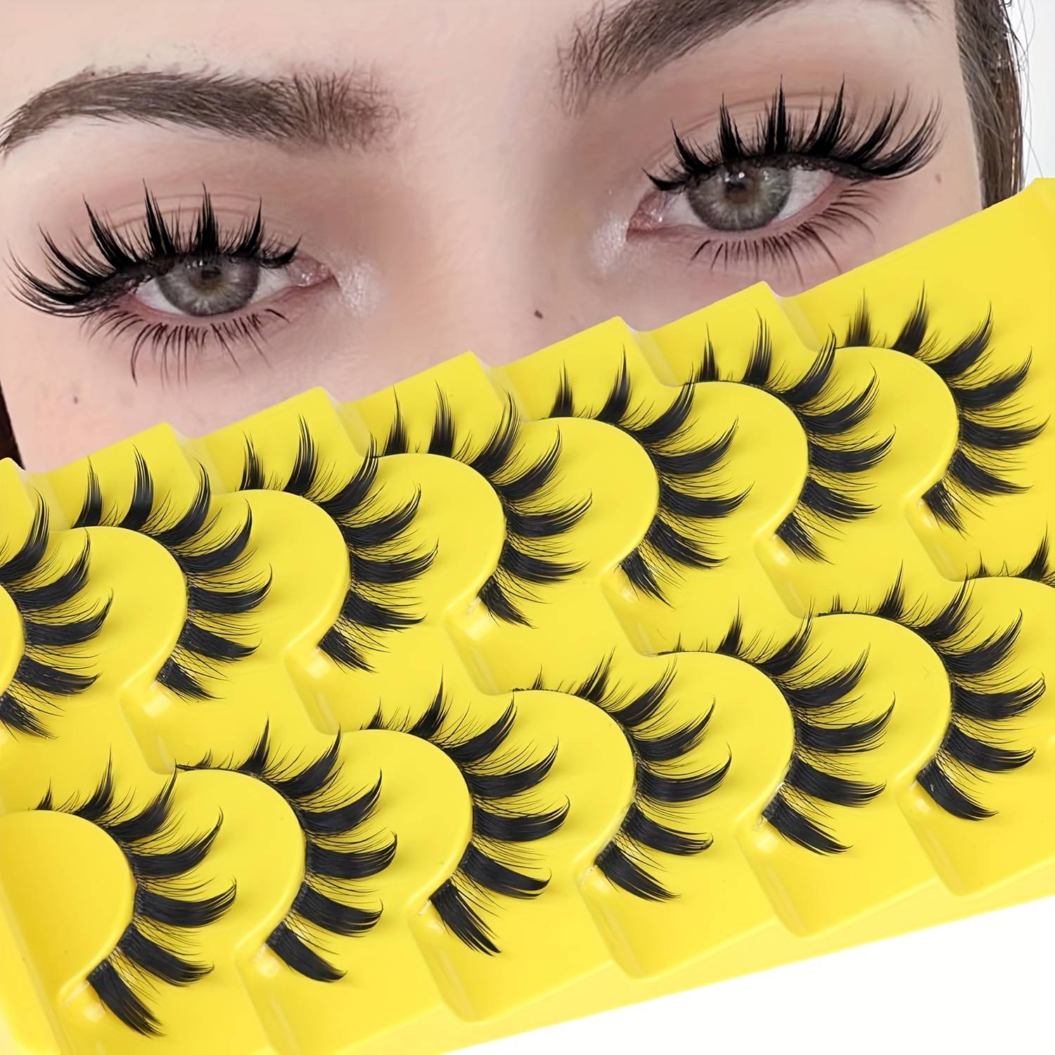 TEMU 7 Pairs 8-16mm 3d False Eyelashes Transparent Band Vivid Eyelashes Fox Eye Cat Eye Anime Fluffy False Eyelashes Cat Eye Long False Eyelashes Curly Eyelashes 7 Pairs Pack