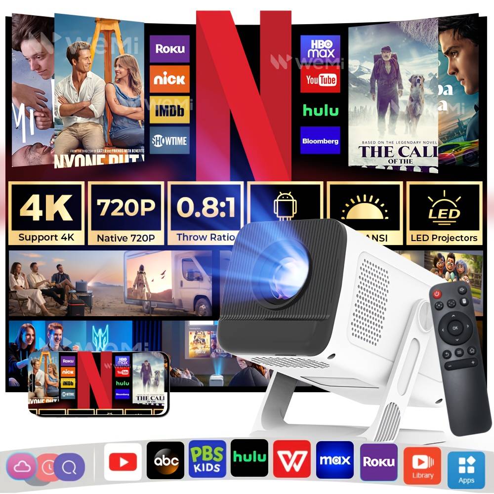 TEMU [ Throw/built-in Apps]mini Portable Projector With Wifi 6 And Bt5.4, 400ansi 4k Support Local 720p Home Theater, Auto Keystone, 11, Movie Projector For Bedroom Indoor Use