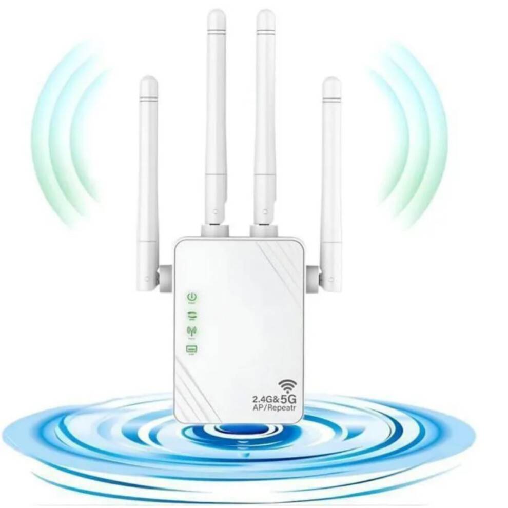 1200Mbps Kraftig WiFi-repeater, 5GHz & 2,4GHz Dual Band WiFi-forstærker WiFi-booster, WiFi-forlænger, 2 LAN-porte, 4 antenner